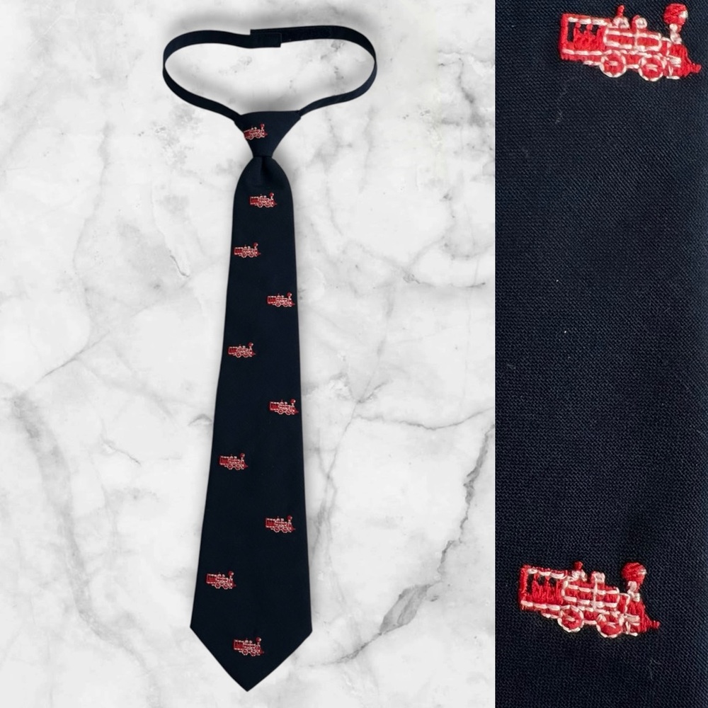 JANIE & JACK Wool Necktie Navy With Red‎ Trains Hook Loop Closure Size Age 6 Up